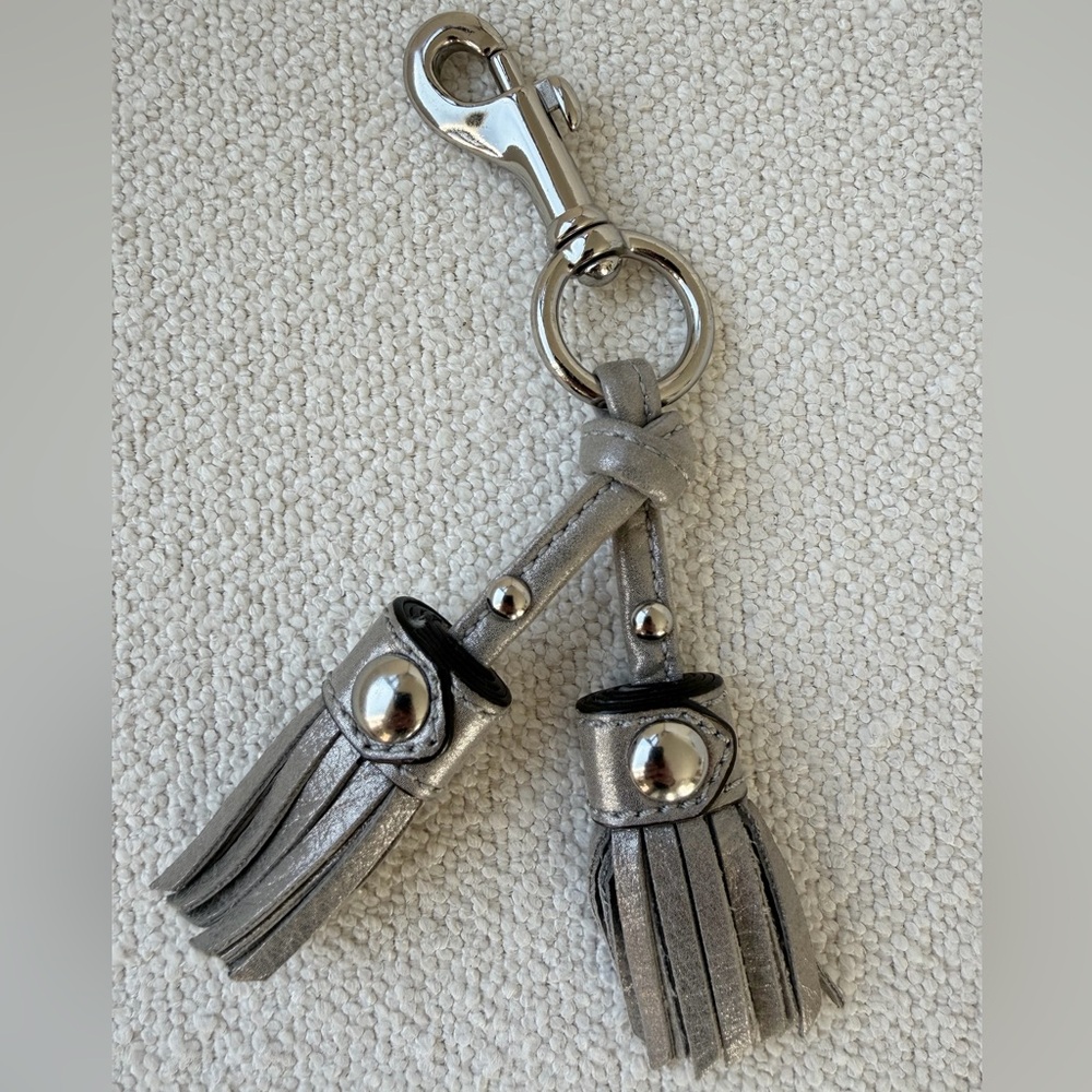 Coach Vintage Tassel Keychain Bag Charm Silver Metallic Leather